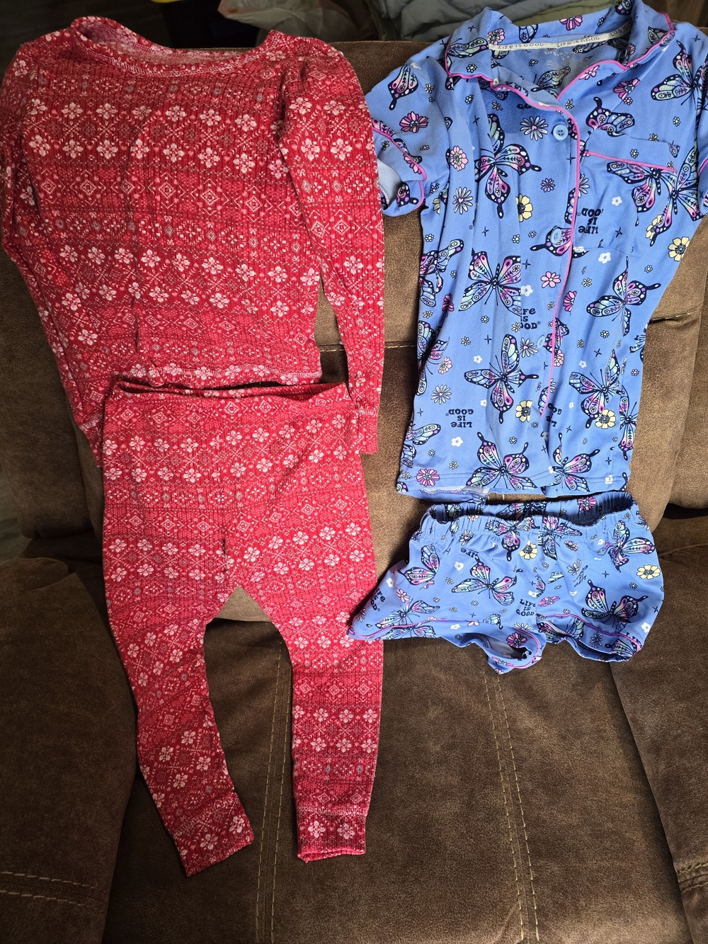 Set of Two Girls' Pajama Sets - Red Fair Isle & Blue Butterfly